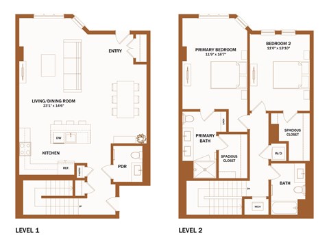 A floor plan of a two-level home with labeled rooms.